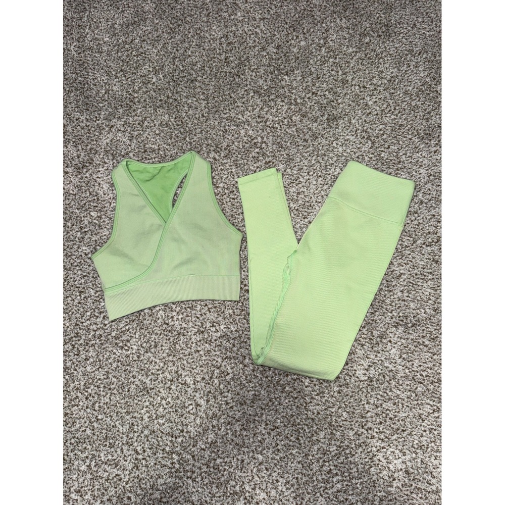 Fabletics Ribbed Activewear Set Lime Green Wrap Sports Bra & Leggings Womens